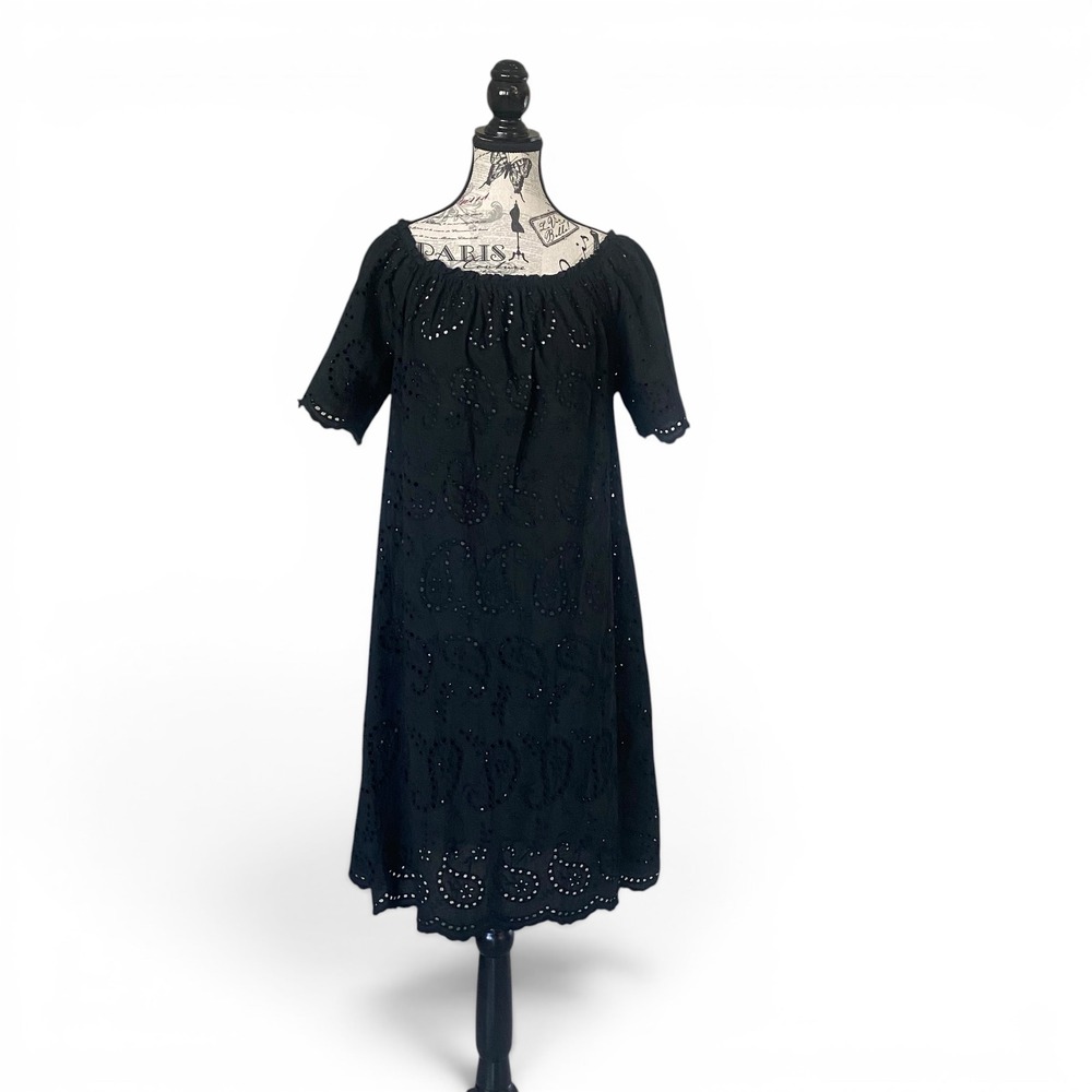 Valentina Naldi Eyelet Dress Womens Sz S Black Cotton Off Shoulder Made In Italy